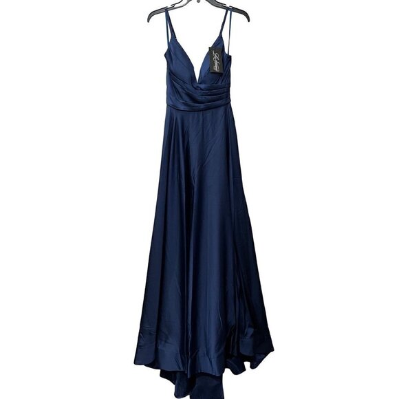 New LA FEMME Size 2 PROM Long Dress 28607 Navy *Stain* - Picture 2 of 16